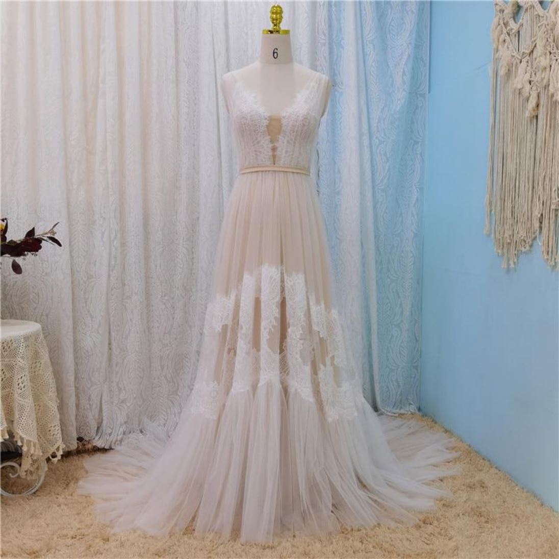 Sexy Illusion Lace Tulle V Neck Backless Bohemian Bridal Gown Boho Wedding Dresses BlissGown Ivory and champagne 6 