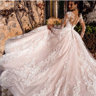Sexy Illusion Long Sleeve Vintage Wedding Dress Romantic Wedding Dresses BlissGown 