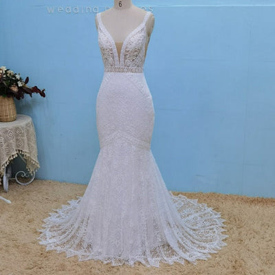 Sexy Lace Elegant V Neck Backless Boho Mermaid Wedding Dress Boho Wedding Dresses BlissGown 