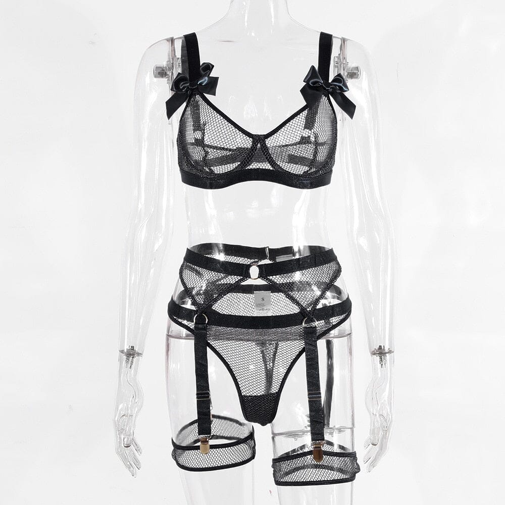 Sexy Lingerie With Socks Lace Bowknot Sheer Mesh Sets Accessories BlissGown 