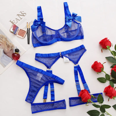 Sexy Lingerie With Socks Lace Bowknot Sheer Mesh Sets Accessories BlissGown Blue S 