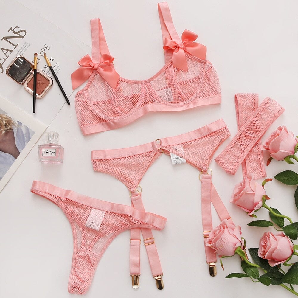 Sexy Lingerie With Socks Lace Bowknot Sheer Mesh Sets Accessories BlissGown Light Pink S 