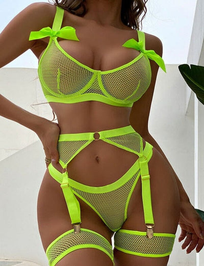 Sexy Lingerie With Socks Lace Bowknot Sheer Mesh Sets Accessories BlissGown Neon Green S 