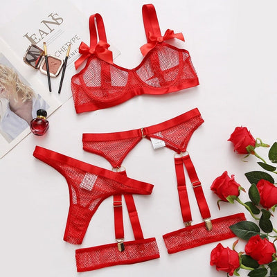 Sexy Lingerie With Socks Lace Bowknot Sheer Mesh Sets Accessories BlissGown Red S 