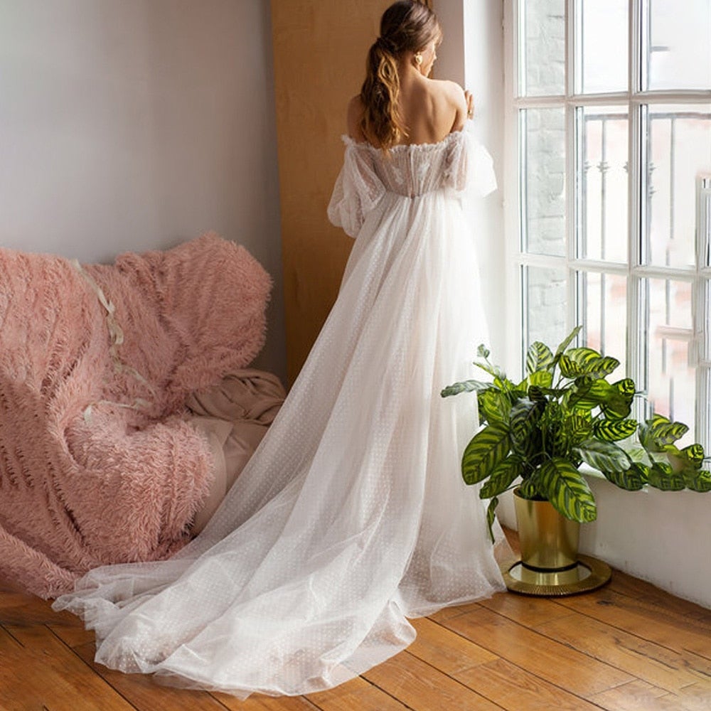 Sexy Long Sleeve Off-Shoulder Dot Mesh Open Back Wedding Dress Classic Wedding Dresses BlissGown 