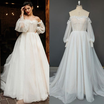Sexy Long Sleeve Off-Shoulder Dot Mesh Open Back Wedding Dress Classic Wedding Dresses BlissGown As Picture 4 