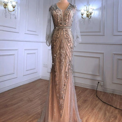 Sexy Mermaid Beading Luxury Nude Silver Evening Dress Evening & Formal Dresses BlissGown Nude Silver 6 