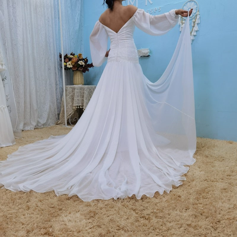 Sexy Off Shoulder Chiffon Chic Lace Lantern Boho Wedding Dress Boho Wedding Dresses BlissGown 