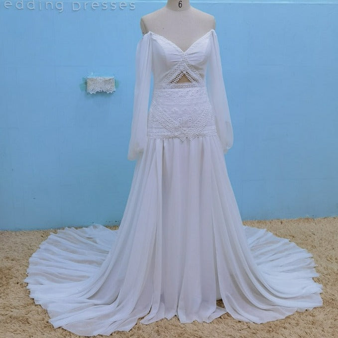 Sexy Off Shoulder Chiffon Chic Lace Lantern Boho Wedding Dress