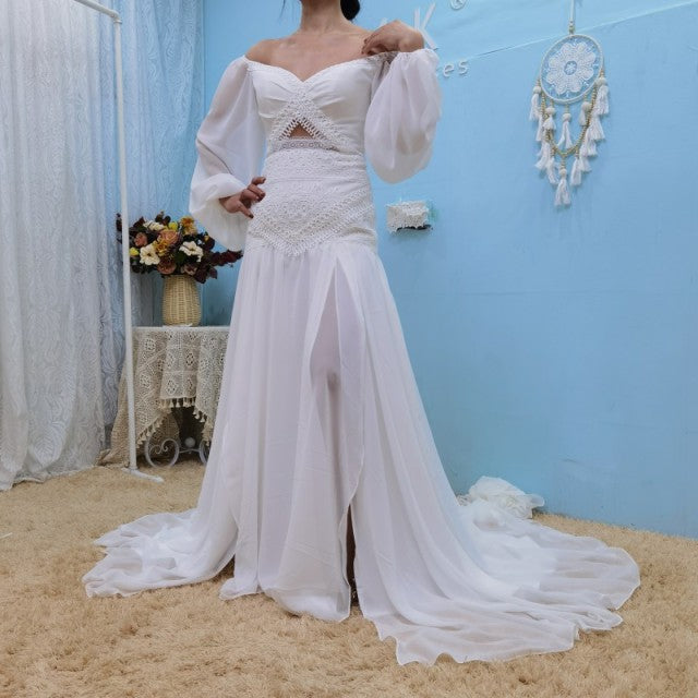 Sexy Off Shoulder Chiffon Chic Lace Lantern Boho Wedding Dress Boho Wedding Dresses BlissGown Ivory Custom Size 