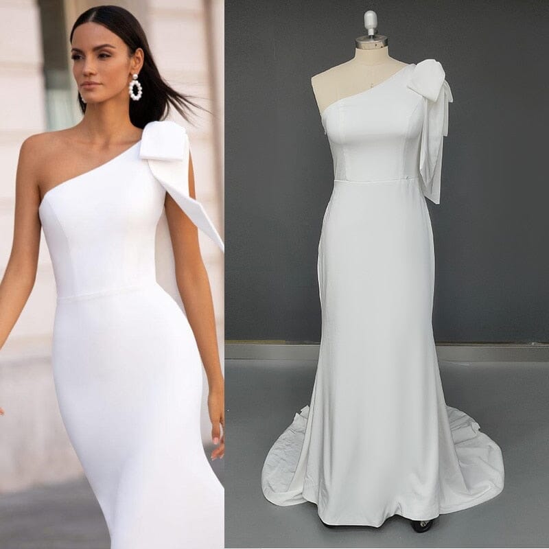 Sexy One Shoulder Sleeveless with Bow Satin Mermaid Wedding Dress Classic Wedding Dresses BlissGown As Picture 2 