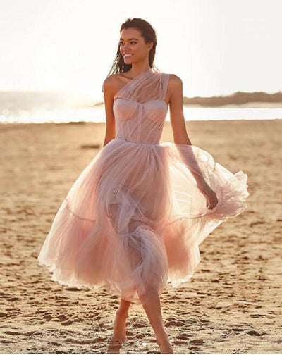 Sexy One Shoulder Tea Length A Line Elegant Lady Corset Prom Dress Lace Prom Dresses BlissGown 