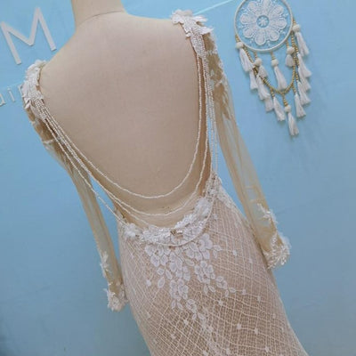 Sexy Open Back Lace Beading Flowers Boho Mermaid Wedding Dress Boho Wedding Dresses BlissGown 