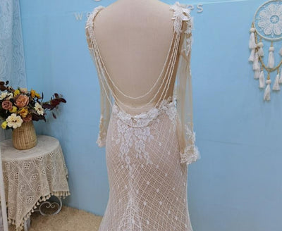 Sexy Open Back Lace Beading Flowers Boho Mermaid Wedding Dress Boho Wedding Dresses BlissGown 