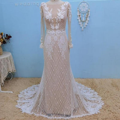 Open Back Lace Beading Flowers Boho Mermaid Wedding Dress