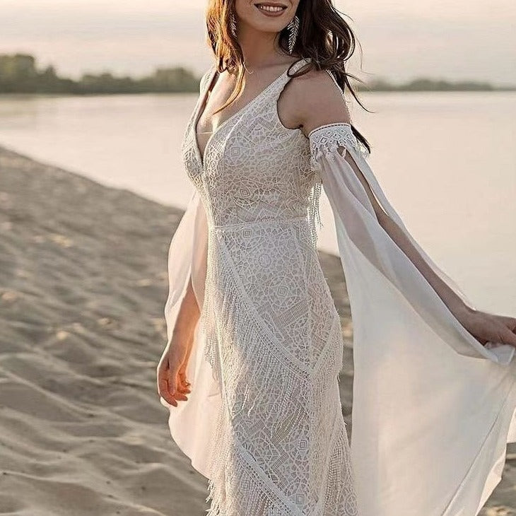 Sexy Open Back Tassel Chiffon Sleeve Boho Beach Bridal Gown Beach Wedding Dresses BlissGown 