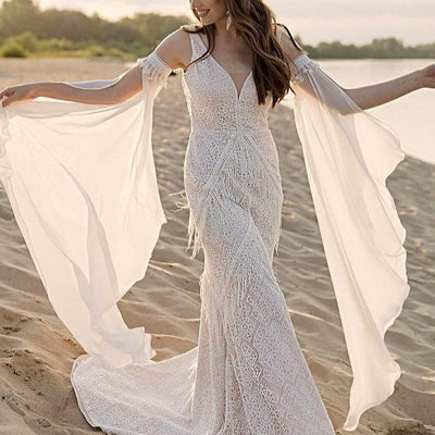 Sexy Open Back Tassel Chiffon Sleeve Boho Beach Bridal Gown Beach Wedding Dresses BlissGown As Picture 2 