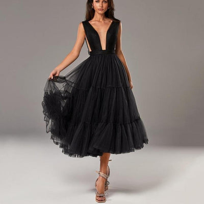 Sexy V-Neck Short Pleats Tiered Tulle Backless Prom Dress Sexy Prom Dresses BlissGown 