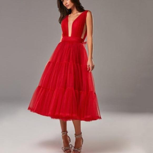 Sexy V-Neck Short Pleats Tiered Tulle Backless Prom Dress Sexy Prom Dresses BlissGown Red Custom Size 