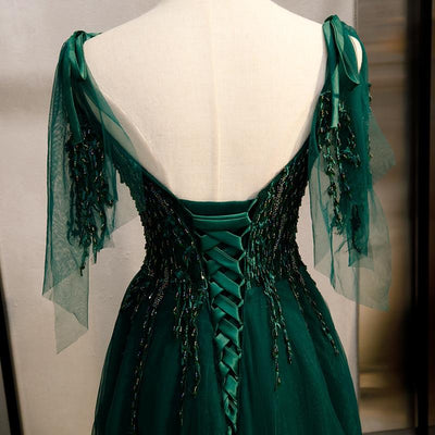 Sexy V-Neck Sleeveless Crystal Bling Backless Lace Up New Green Evening Dress V-Neck Prom Dresses BlissGown 