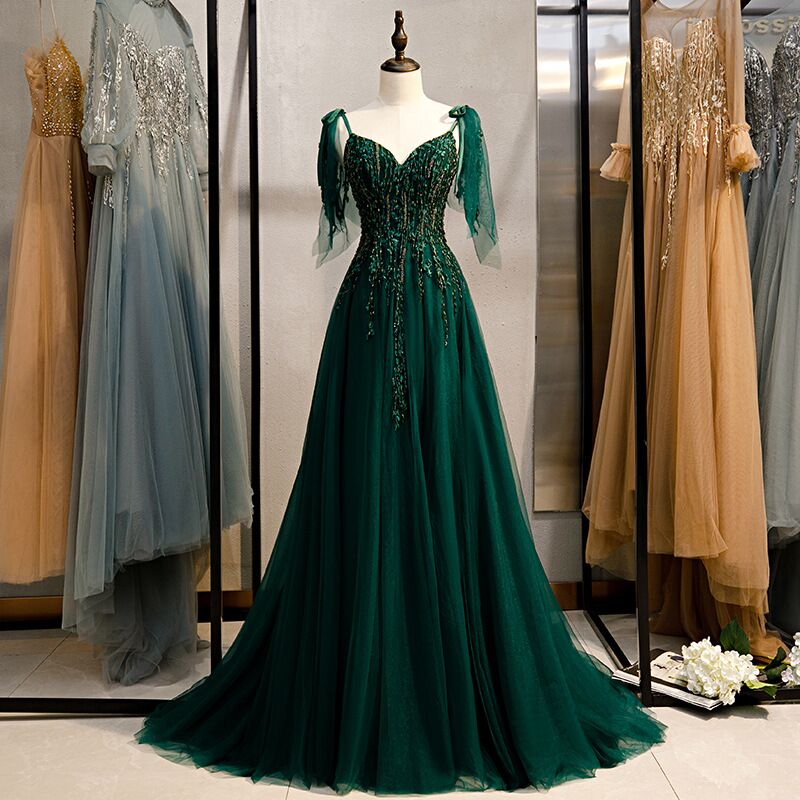 Sexy V-Neck Sleeveless Crystal Bling Backless Lace Up New Green Evening Dress V-Neck Prom Dresses BlissGown sane as picture 2 