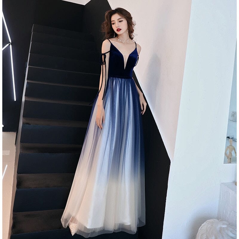 Sexy Women Deep V-Neck Floor Length Evening Dress Evening & Formal Dresses BlissGown Blue 2 