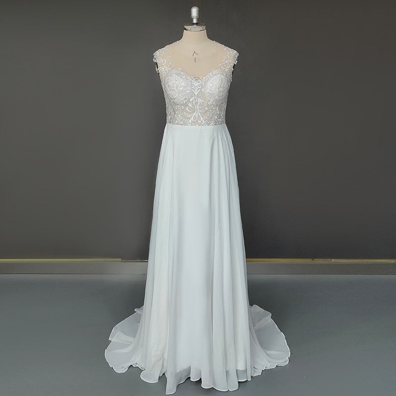 Sheer Back Sweetheart Lace Applique A Line Sweep Train Wedding Dress Boho Wedding Dresses BlissGown 