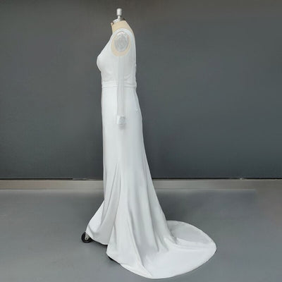 Sheer Long Sleeve Open Corset Back Sheath Soft Satin Wedding Dress Classic Wedding Dresses BlissGown 