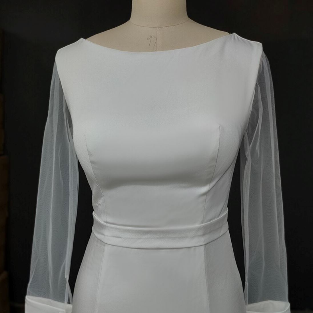Sheer Long Sleeve Open Corset Back Sheath Soft Satin Wedding Dress Classic Wedding Dresses BlissGown 
