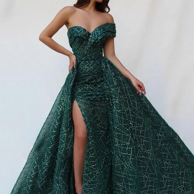 Shinny Tulle Sequin High Split Dark Green Strapless Evening Dress Evening & Formal Dresses BlissGown 