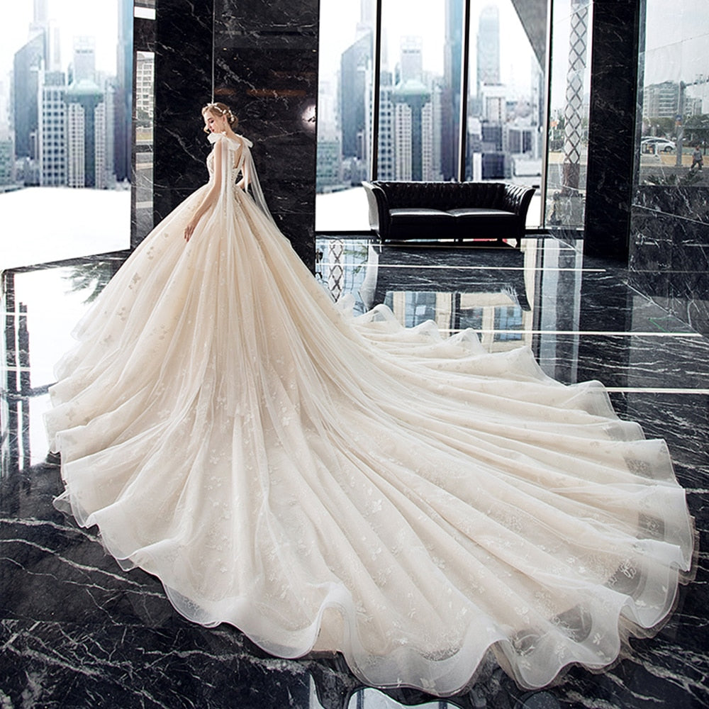 Shiny Crystal Lace With Chapel Train Princess Bridal Dress Romantic Wedding Dresses BlissGown 