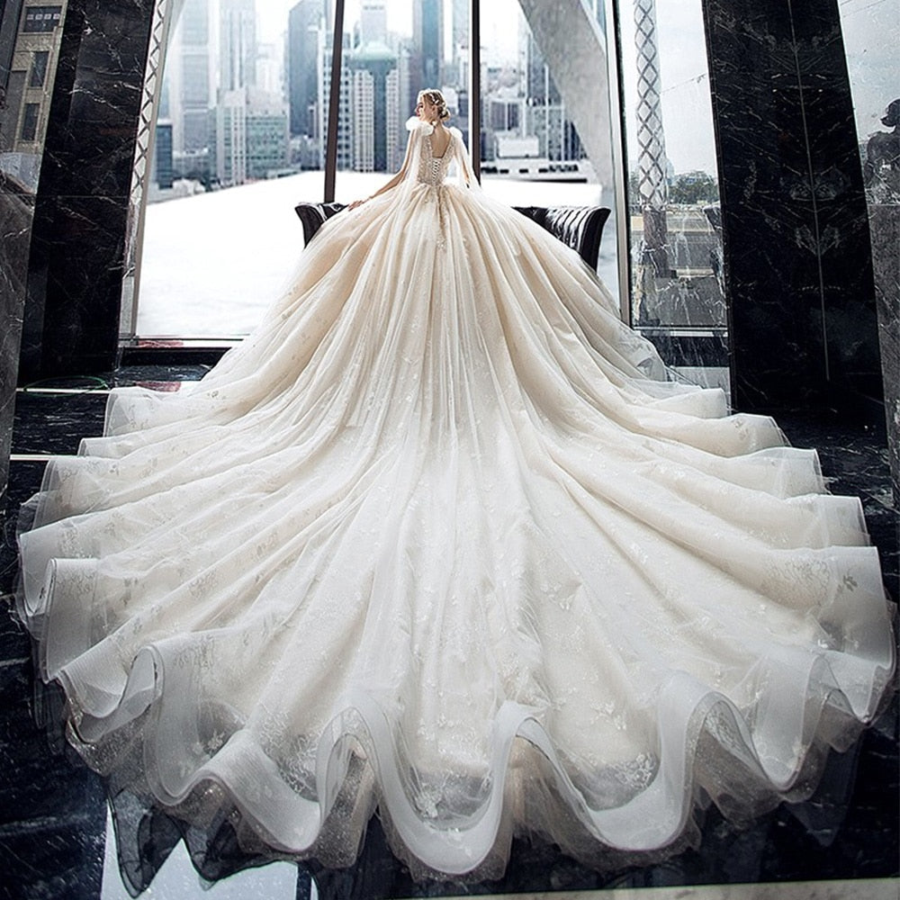 Shiny Crystal Lace With Chapel Train Princess Bridal Dress