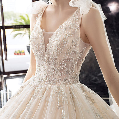 Shiny Crystal Lace With Chapel Train Princess Bridal Dress Romantic Wedding Dresses BlissGown 