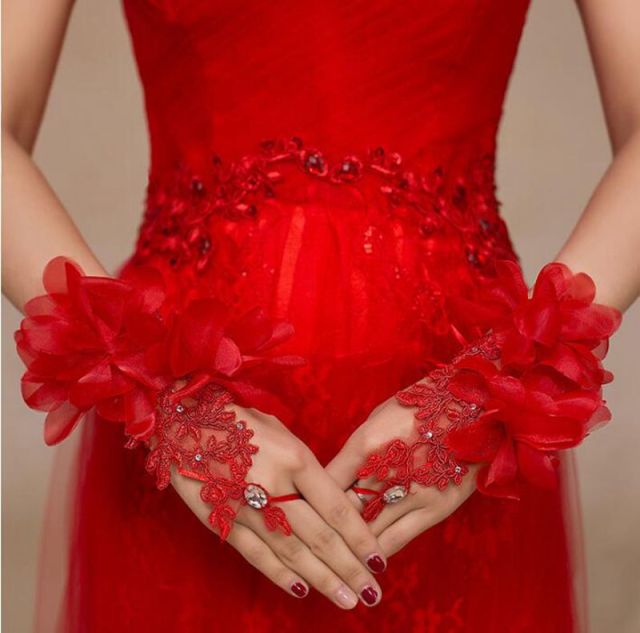 Short Flower Applique Red White Beading Wedding Gloves Women For Wedding Wedding Accessories BlissGown Red 