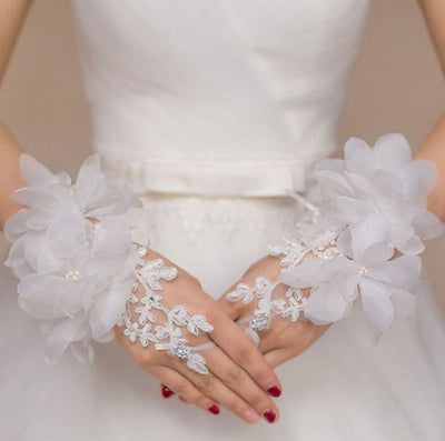 Short Flower Applique Red White Beading Wedding Gloves Women For Wedding Wedding Accessories BlissGown white 