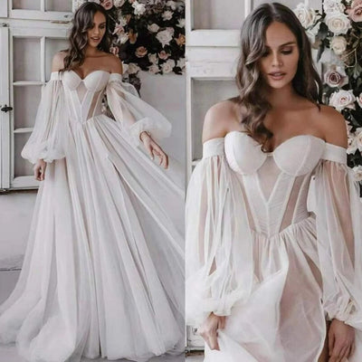 Side Slit Chiffon Long Puffy Sleeves Wedding Dress Sexy Wedding Dresses BlissGown Picture Color 2 