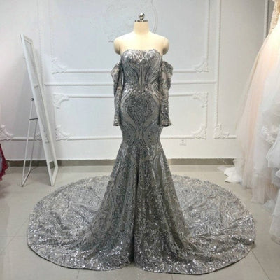Silver Shinning with Detachable Long Sleeves Sequin Mermaid Evening Dress Evening & Formal Dresses BlissGown 