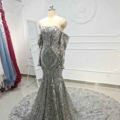 Silver Shinning with Detachable Long Sleeves Sequin Mermaid Evening Dress Evening & Formal Dresses BlissGown 