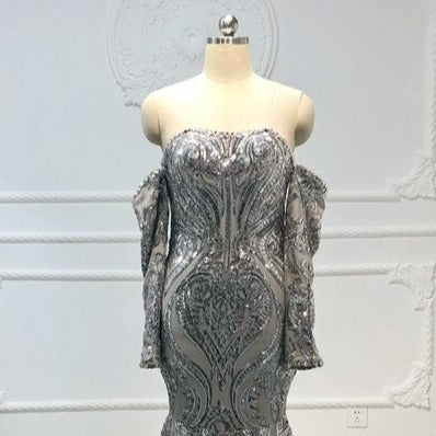 Silver Shinning with Detachable Long Sleeves Sequin Mermaid Evening Dress Evening & Formal Dresses BlissGown As Picture 6 2 