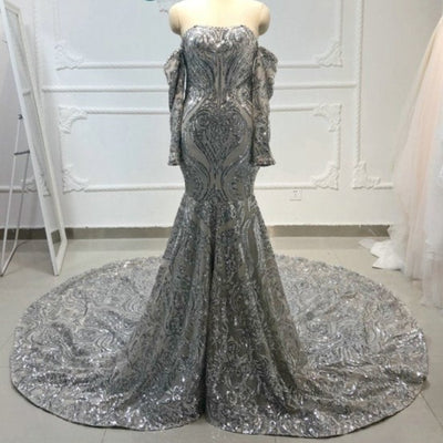Silver Shinning with Detachable Long Sleeves Sequin Mermaid Evening Dress Evening & Formal Dresses BlissGown Silver 8 