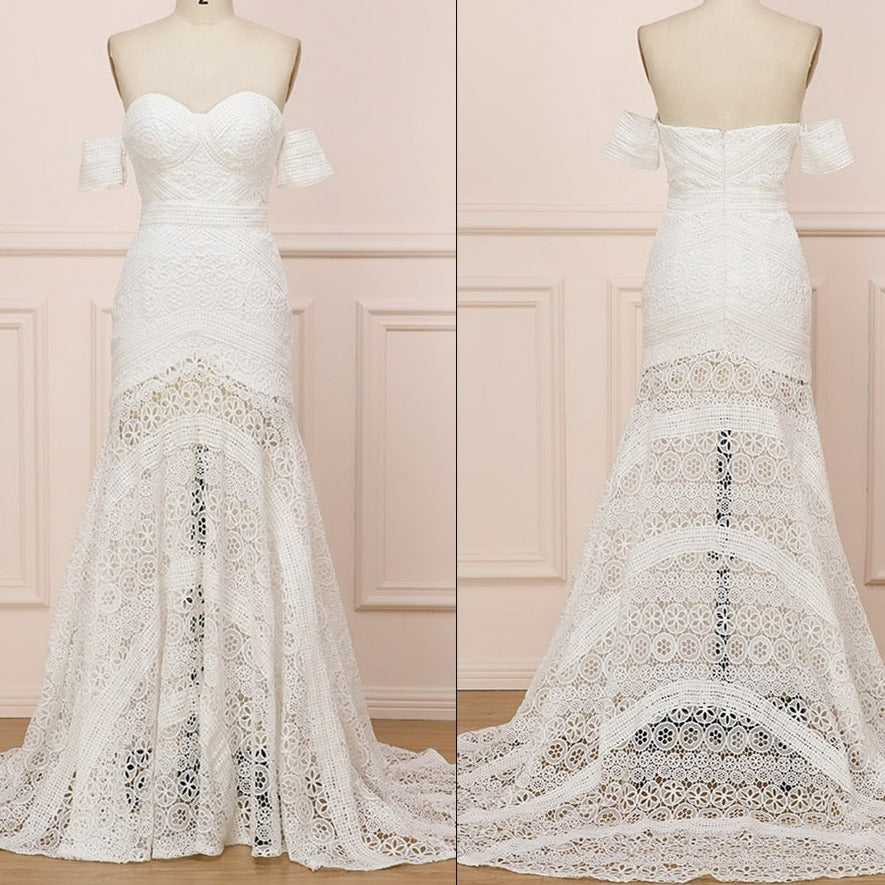 Simple Boho Lace Ivory Off Shoulder Mermaid Wedding Dress Boho Wedding Dresses BlissGown 