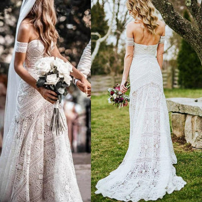 Simple Boho Lace Ivory Off Shoulder Mermaid Wedding Dress Boho Wedding Dresses BlissGown 