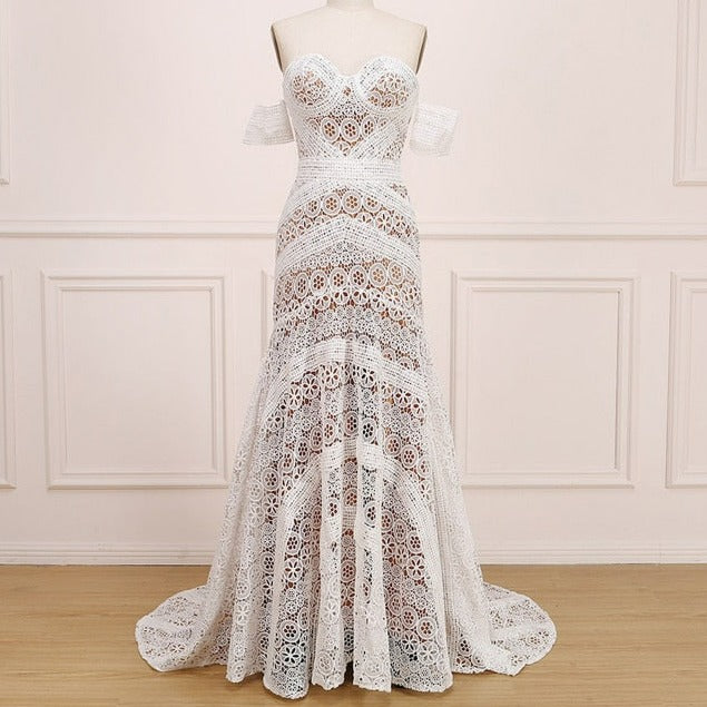 Simple Boho Lace Ivory Off Shoulder Mermaid Wedding Dress Boho Wedding Dresses BlissGown Dark Champagne 2 50cm
