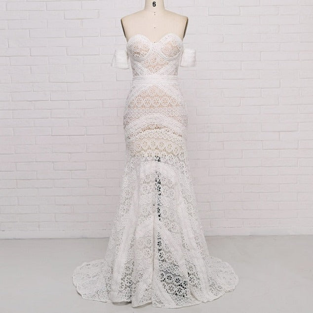 Simple Boho Lace Ivory Off Shoulder Mermaid Wedding Dress Boho Wedding Dresses BlissGown Light Champagne 2 50cm