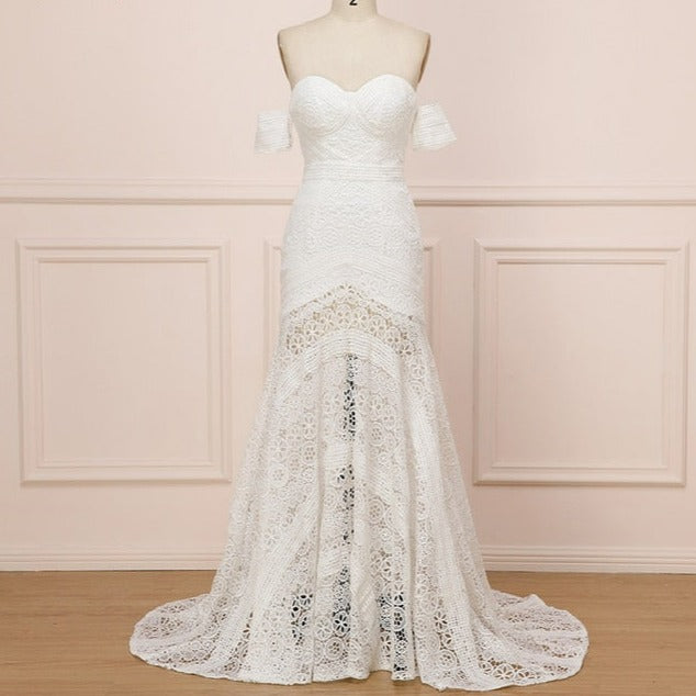 Simple Boho Lace Ivory Off Shoulder Mermaid Wedding Dress Boho Wedding Dresses BlissGown White 2 50cm