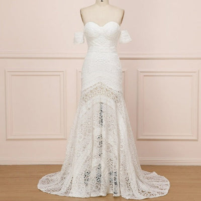 Simple Boho Lace Ivory Off Shoulder Mermaid Wedding Dress Boho Wedding Dresses BlissGown White 2 50cm