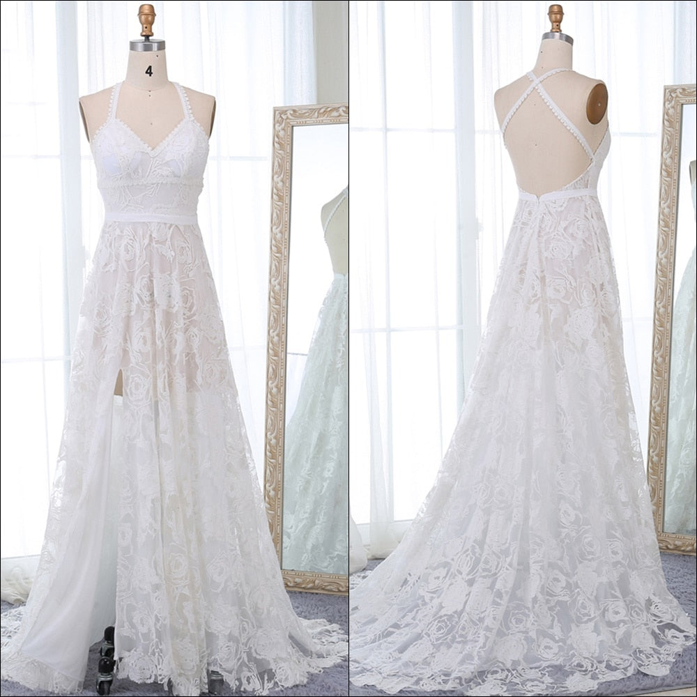 Simple Boho Lace Ivory Off Shoulder Mermaid Wedding Dress Boho Wedding Dresses BlissGown White Spaghetti Straps 2 50cm