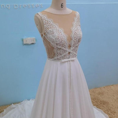 Simple Chiffon Sleeveless Pearl Buttons Beach Wedding Dress Beach Wedding Dresses BlissGown 