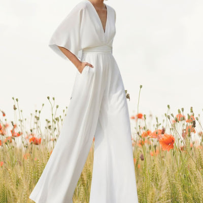 Simple Classic Jumpsuit Lace Chiffon Wedding Dress Classic Wedding Dresses BlissGown 