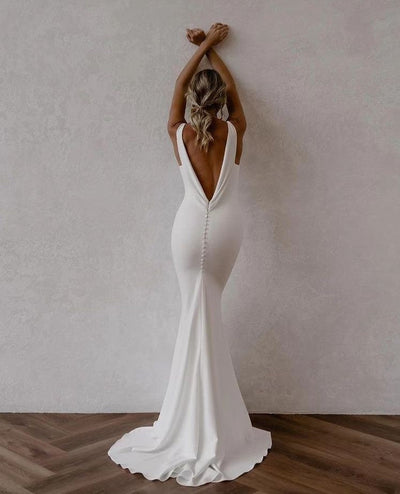 Simple Crepe Open Back Deep V Detachable Train Boho Bridal Gowns Boho Wedding Dresses BlissGown 